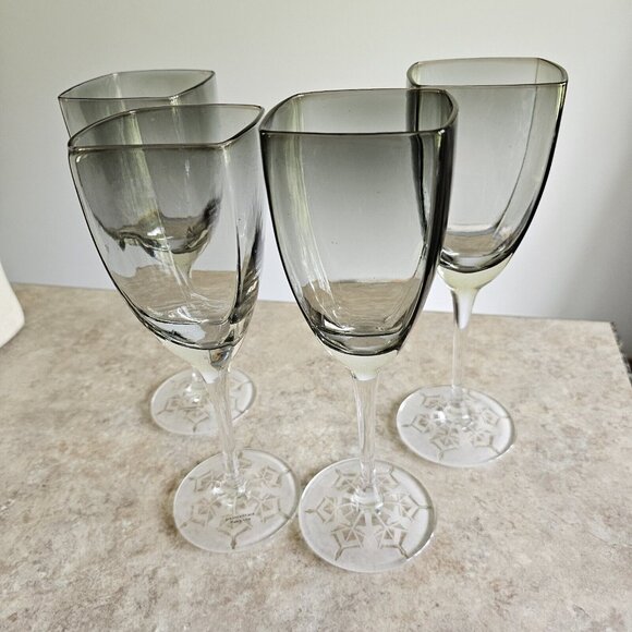 4 Retro Square Grey Wine Glasses 9.5" frosted etched base snowflake winter holid - Picture 5 of 13